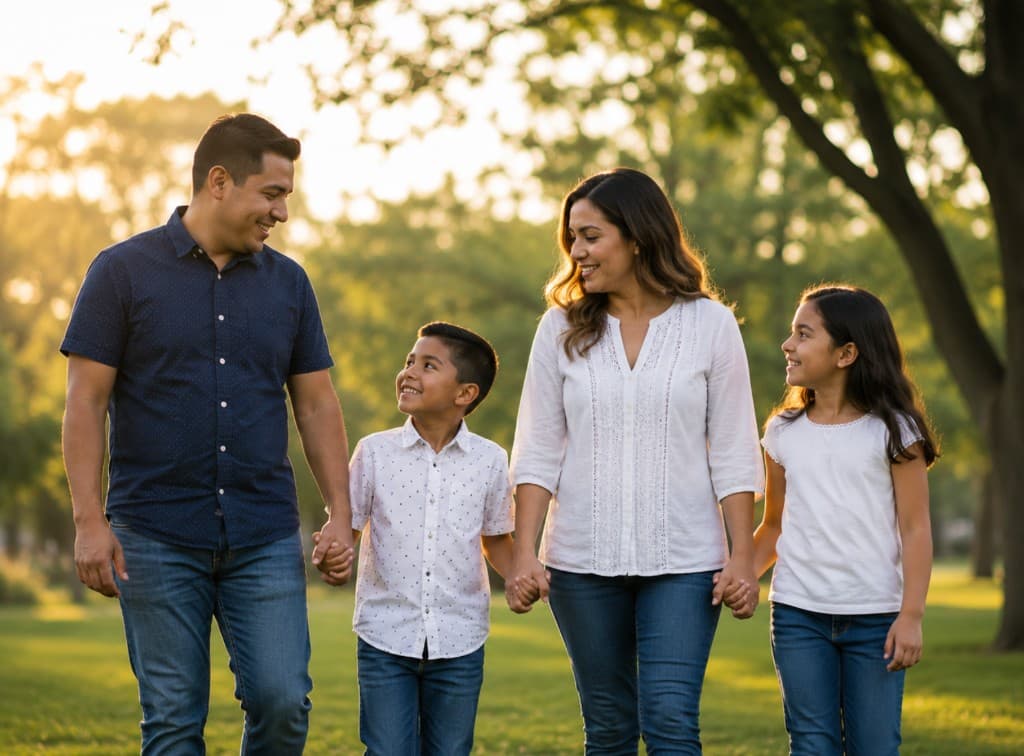 Parents with young children walking hand in hand through a sunlit park