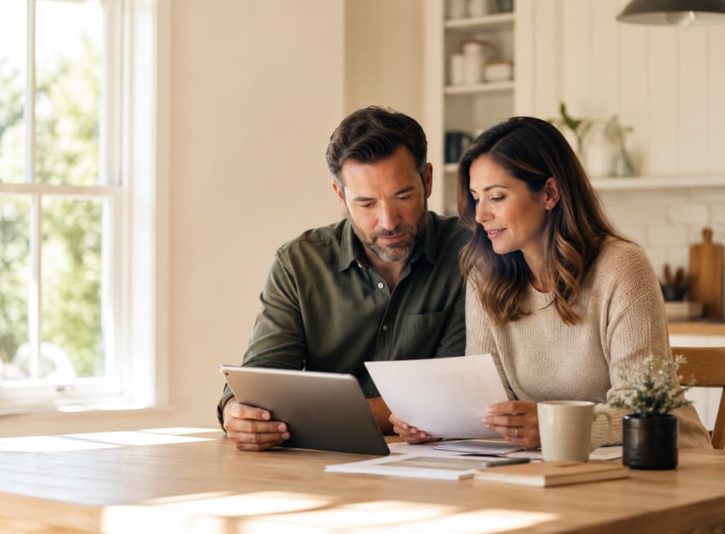 Couple reviewing coverage details together at a kitchen table in warm natural light